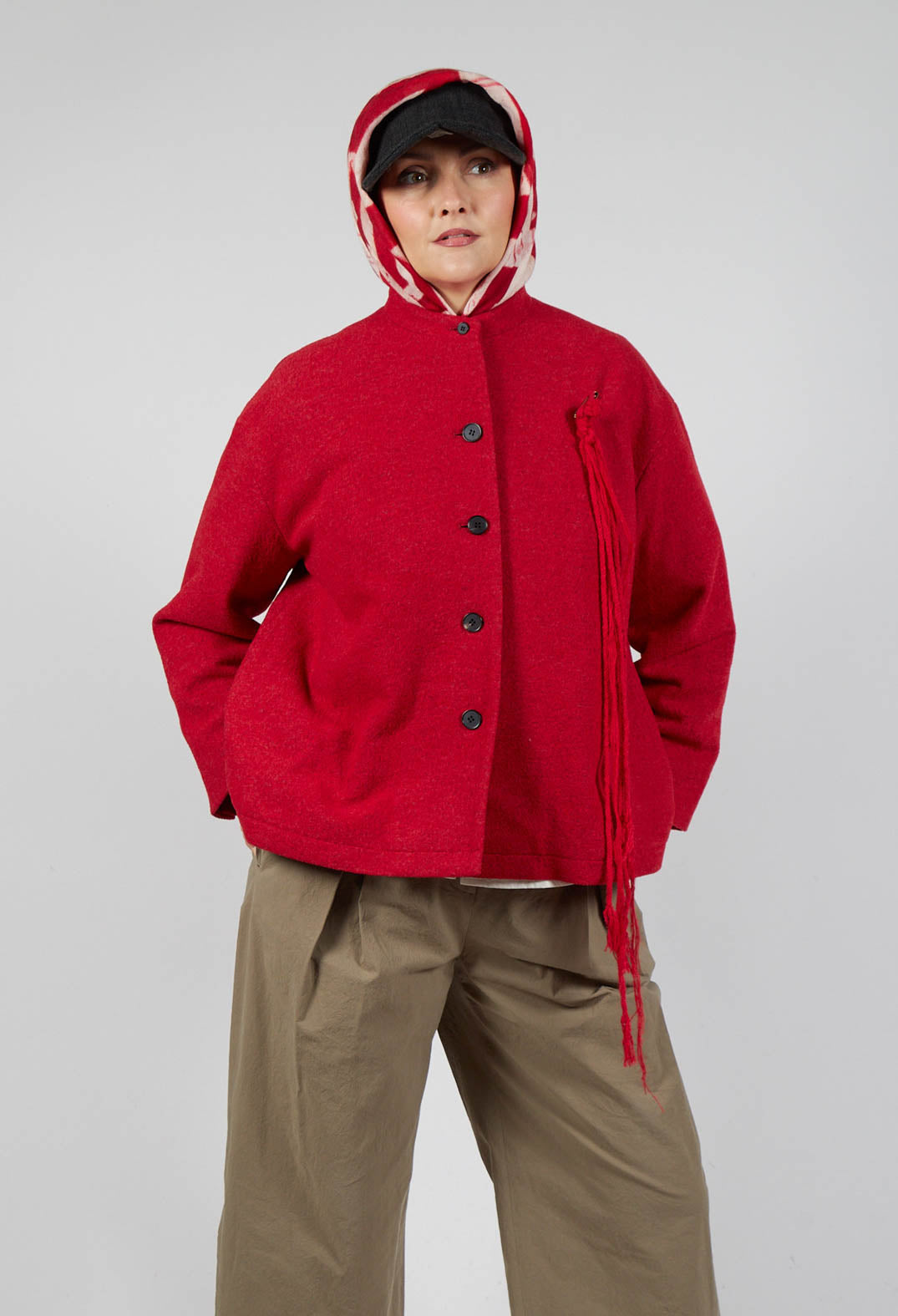 High Neck Jacket with Contrast Lining in Dark Red