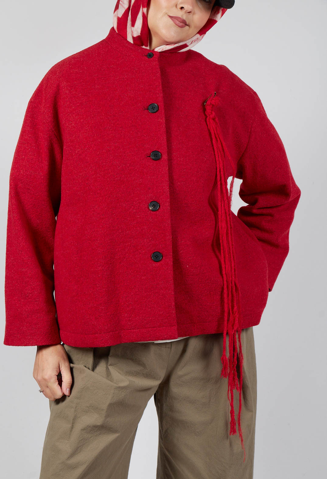 High Neck Jacket with Contrast Lining in Dark Red