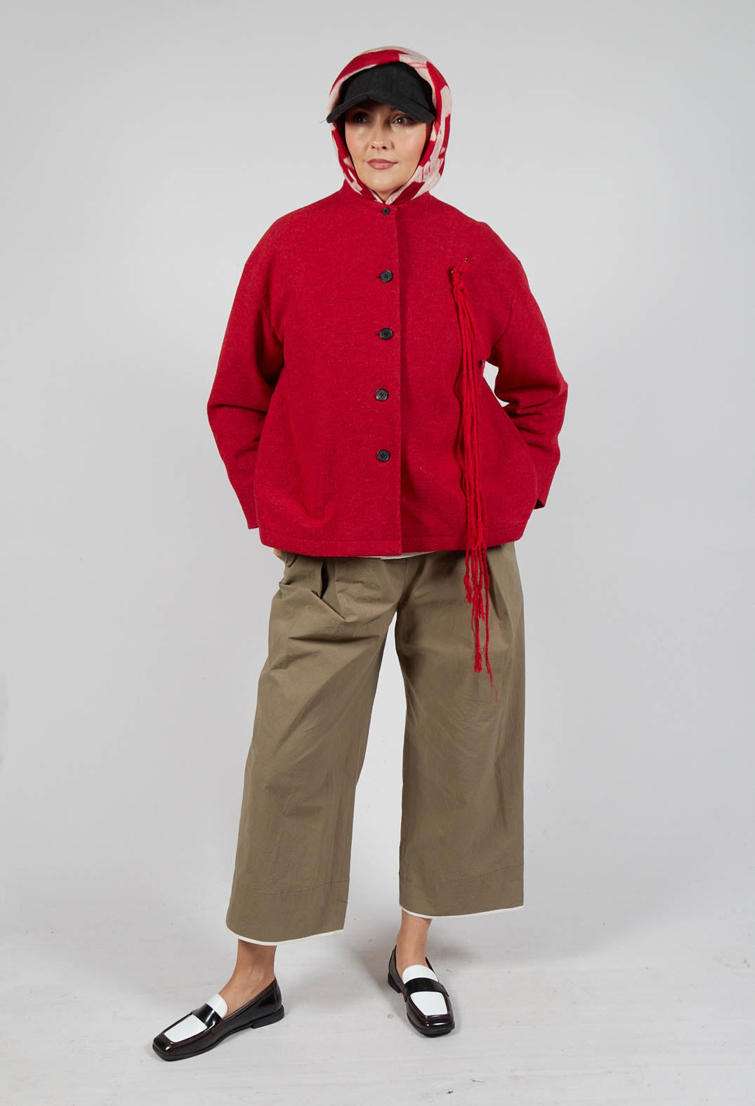 High Neck Jacket with Contrast Lining in Dark Red