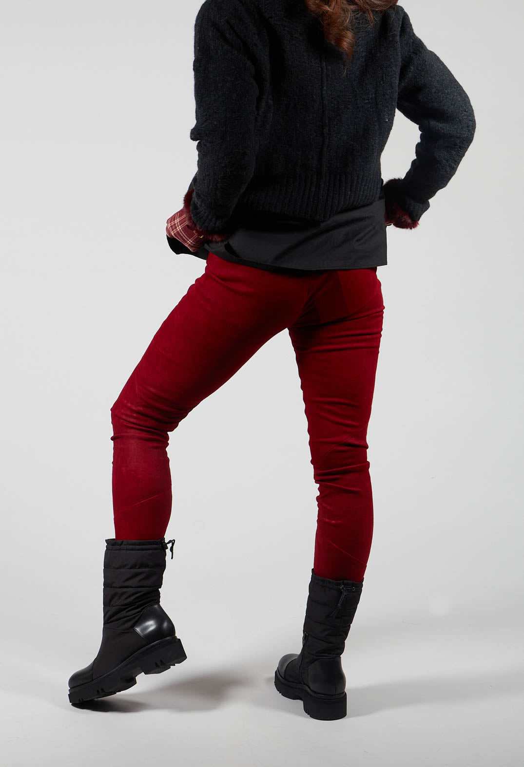 Suede Stretch Fit Skinny Trousers in Deep Red