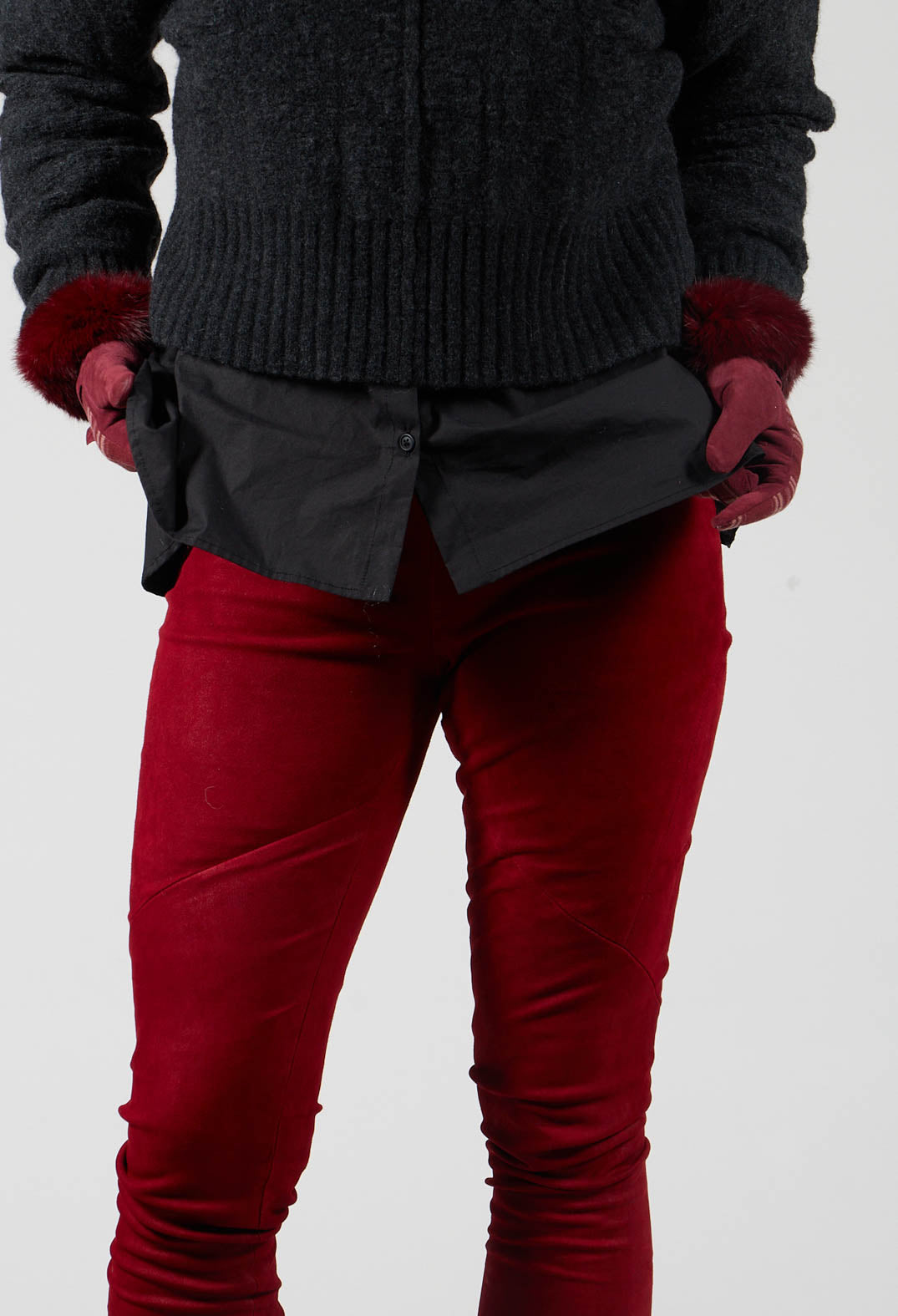 Suede Stretch Fit Skinny Trousers in Deep Red