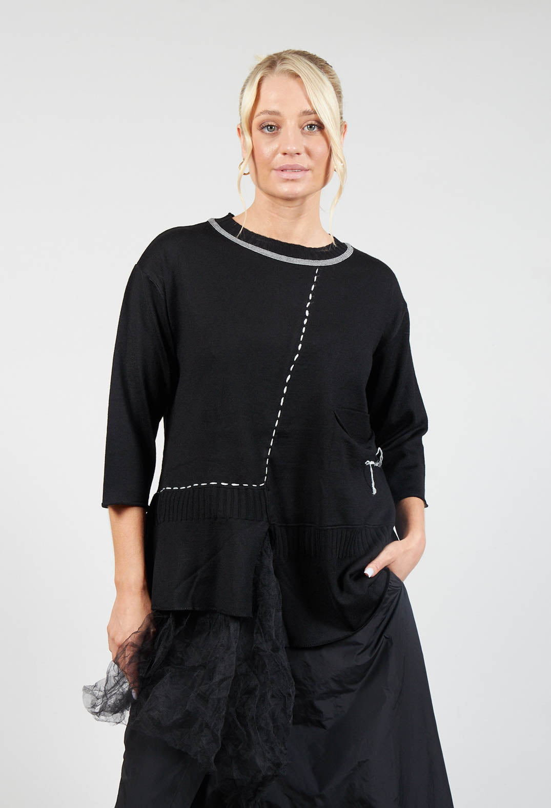 Crew Neck Jumper with Netting Detail in Black