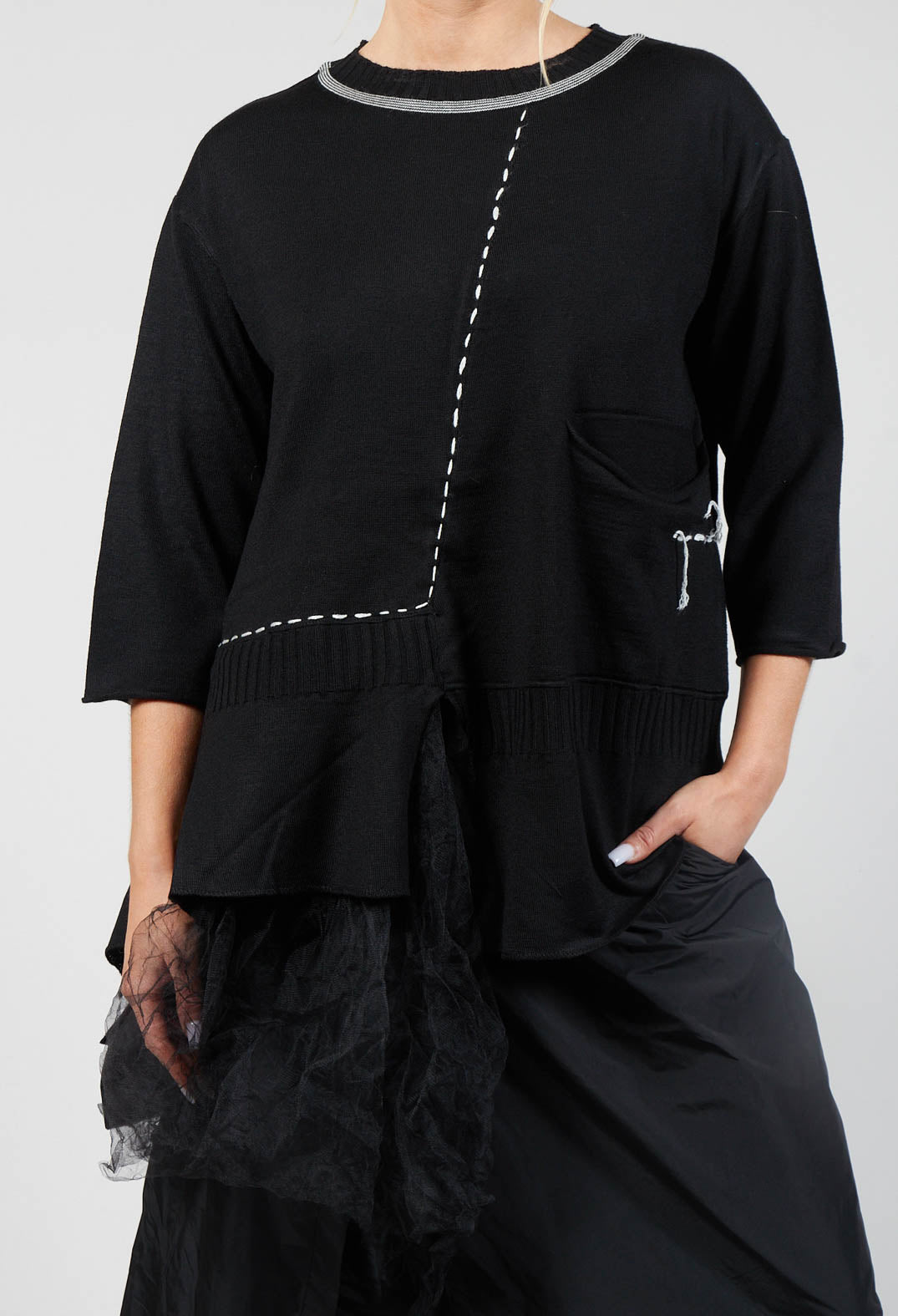 Crew Neck Jumper with Netting Detail in Black