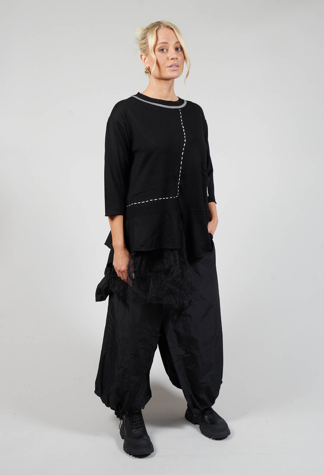 Crew Neck Jumper with Netting Detail in Black