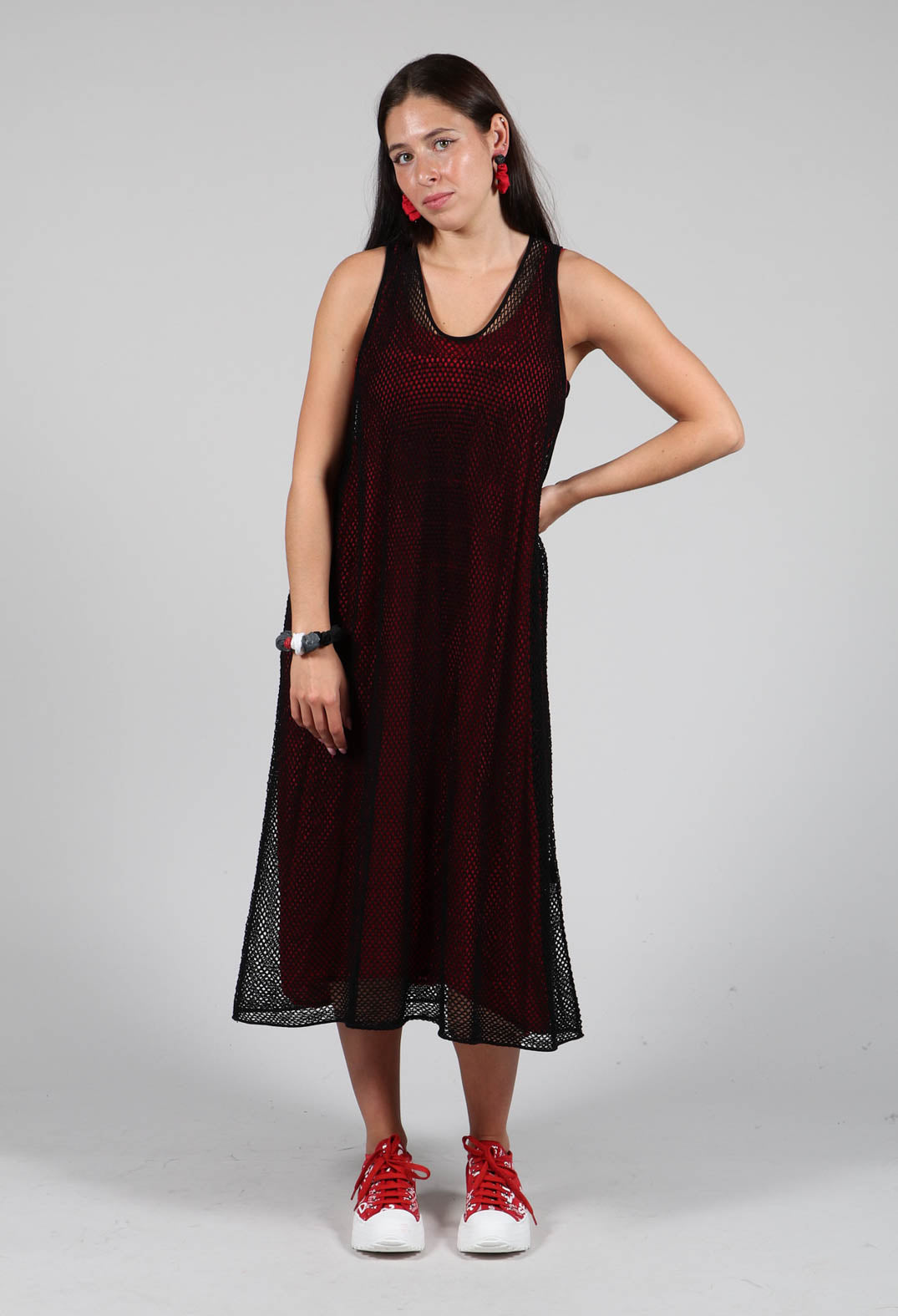 Sleeveless Jersey Dress with Asymmetric Hem in Chili