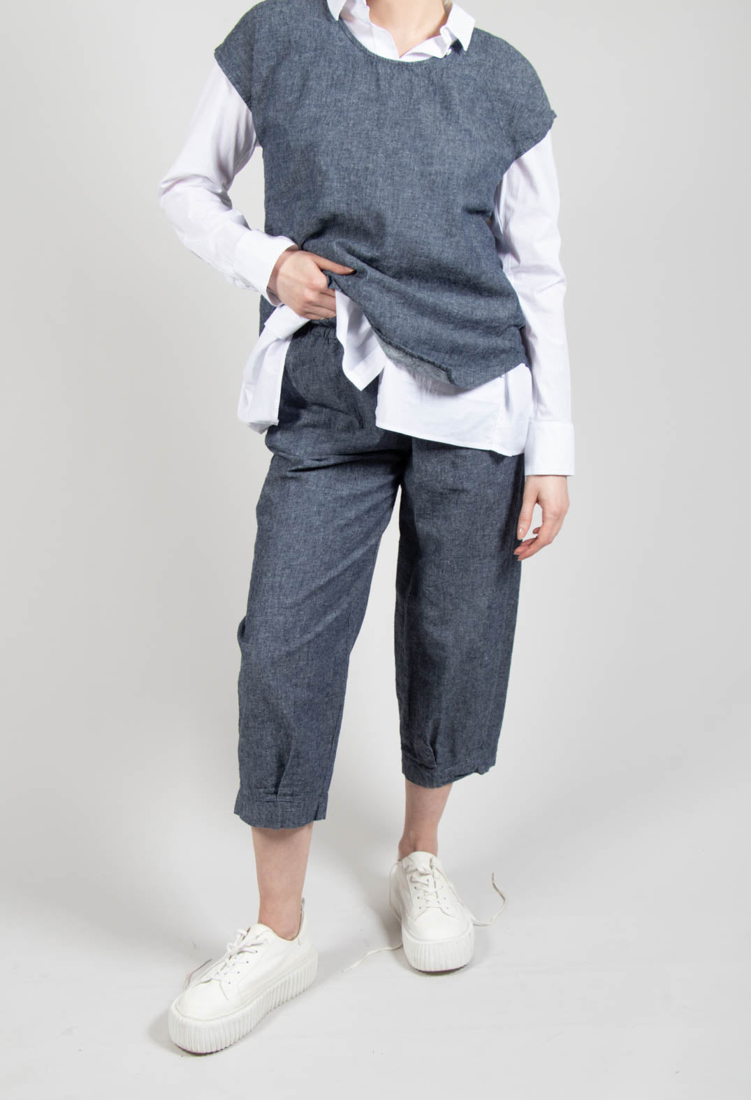 Wide Leg Turn Up Trousers in Blue Denim