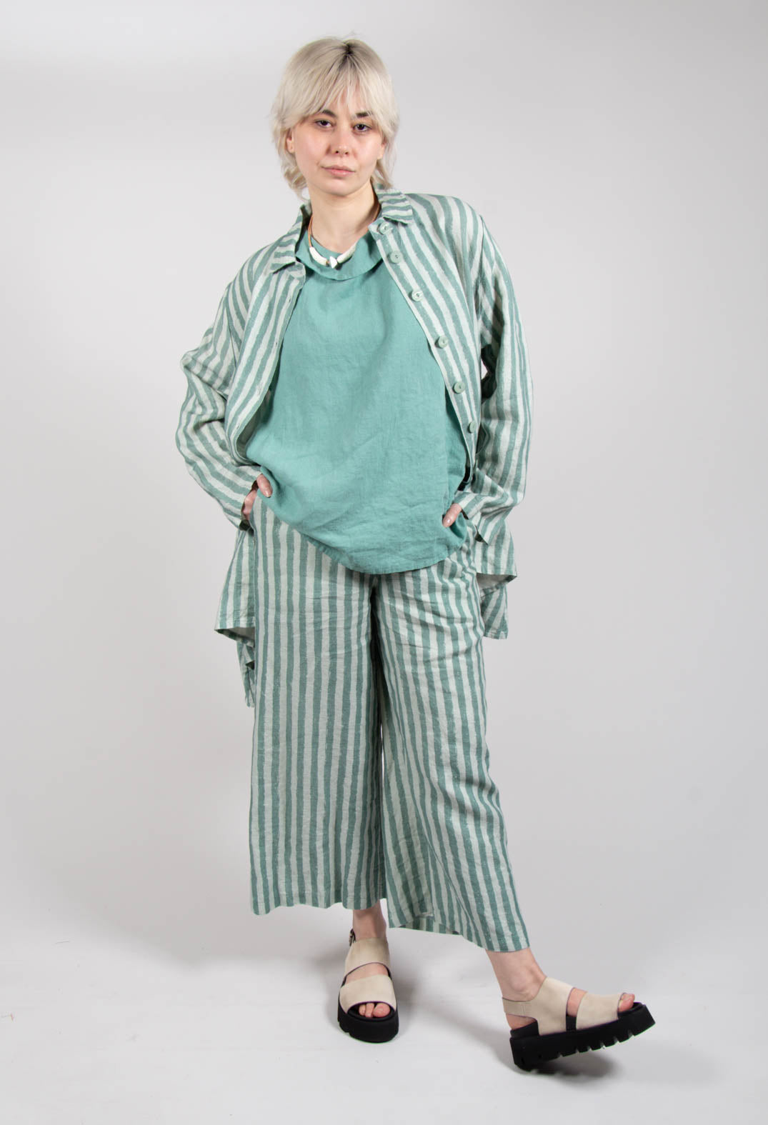 Wide Leg Striped Linen Trousers in Teal