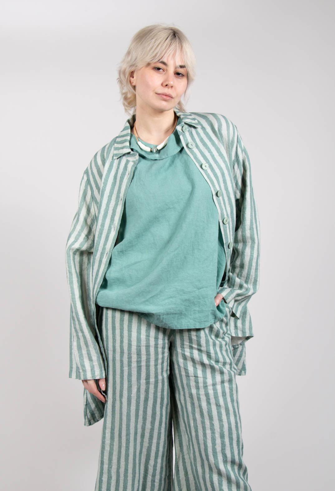 Long Sleeve Linen Stripe  Jacket in Teal