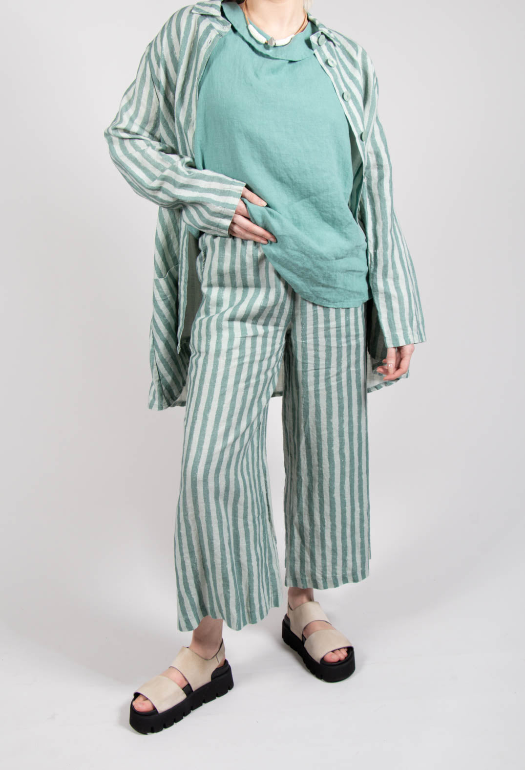 Wide Leg Striped Linen Trousers in Teal