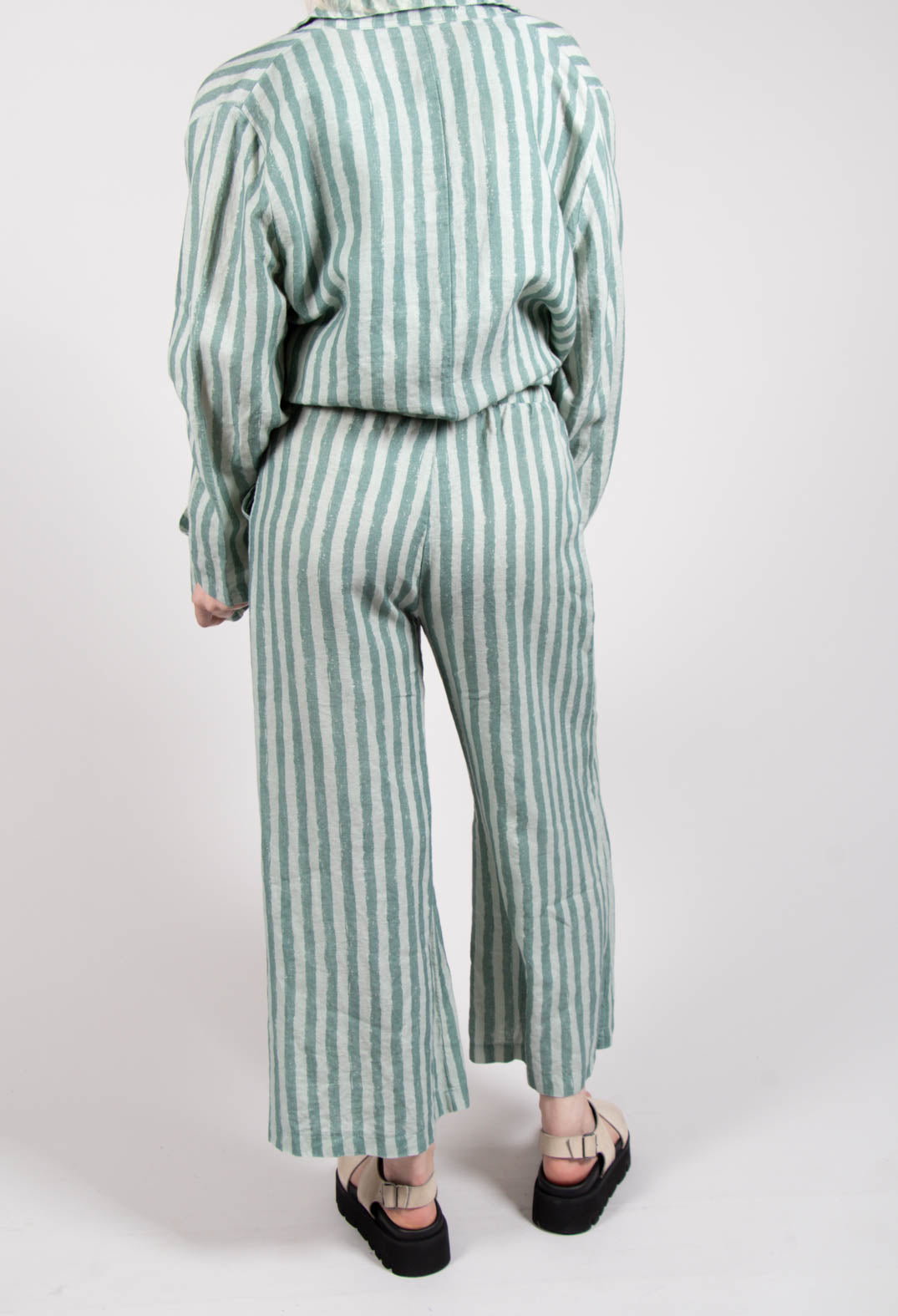 Wide Leg Striped Linen Trousers in Teal