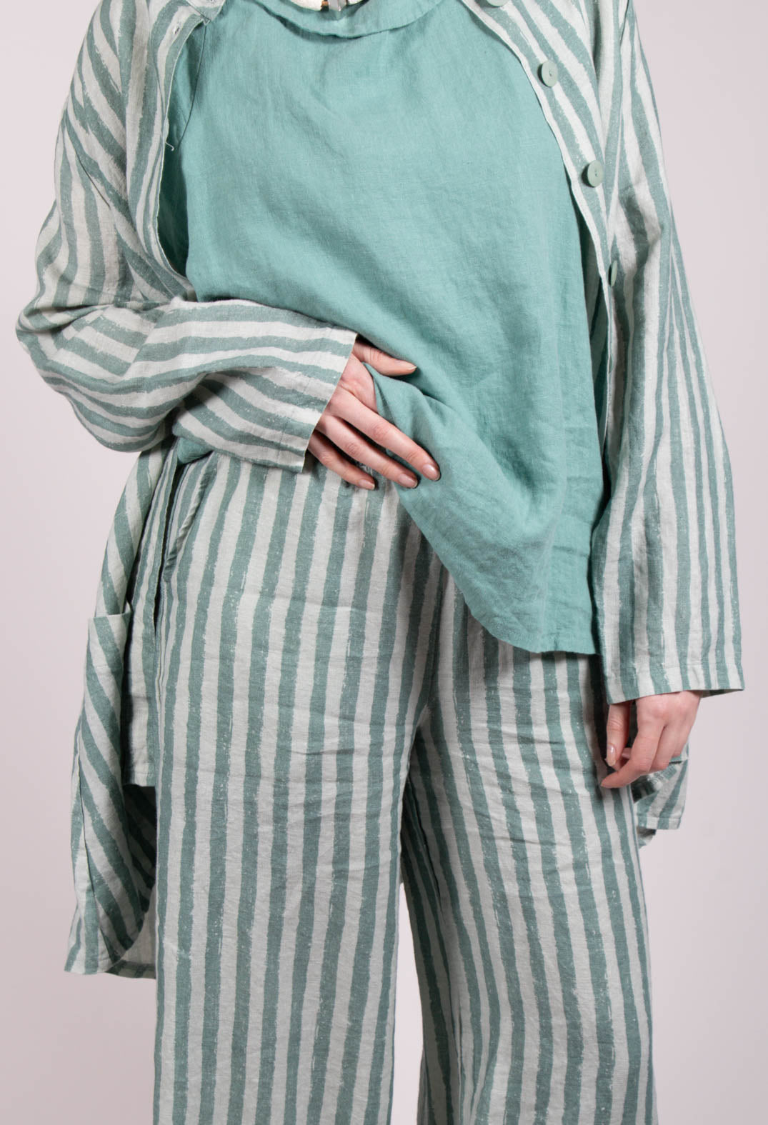 Wide Leg Striped Linen Trousers in Teal