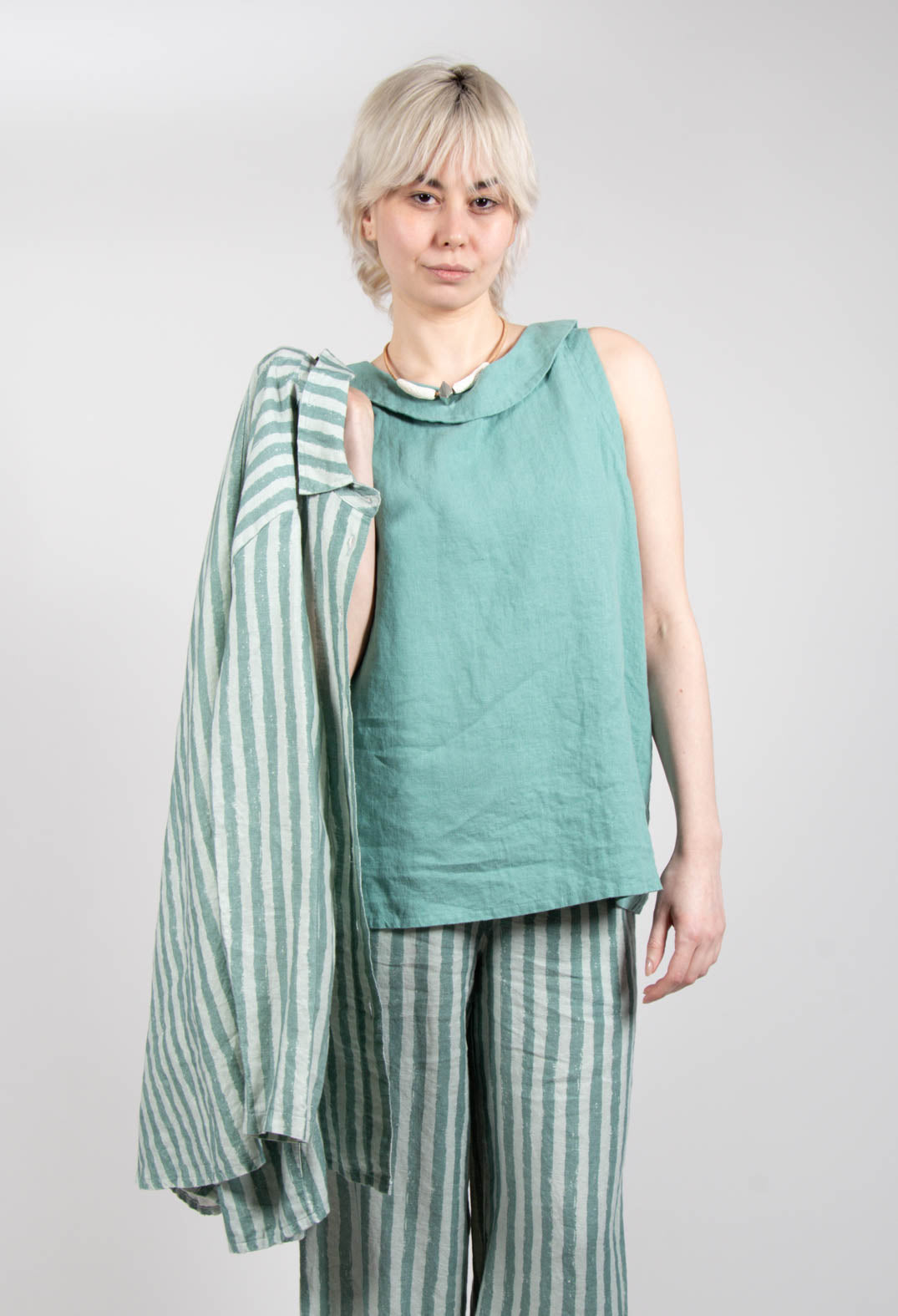 Stitch Detail Linen Vest Top in Teal