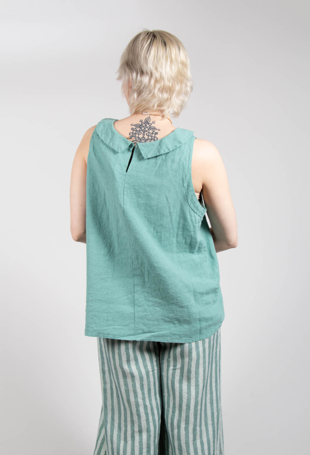 Stitch Detail Linen Vest Top in Teal