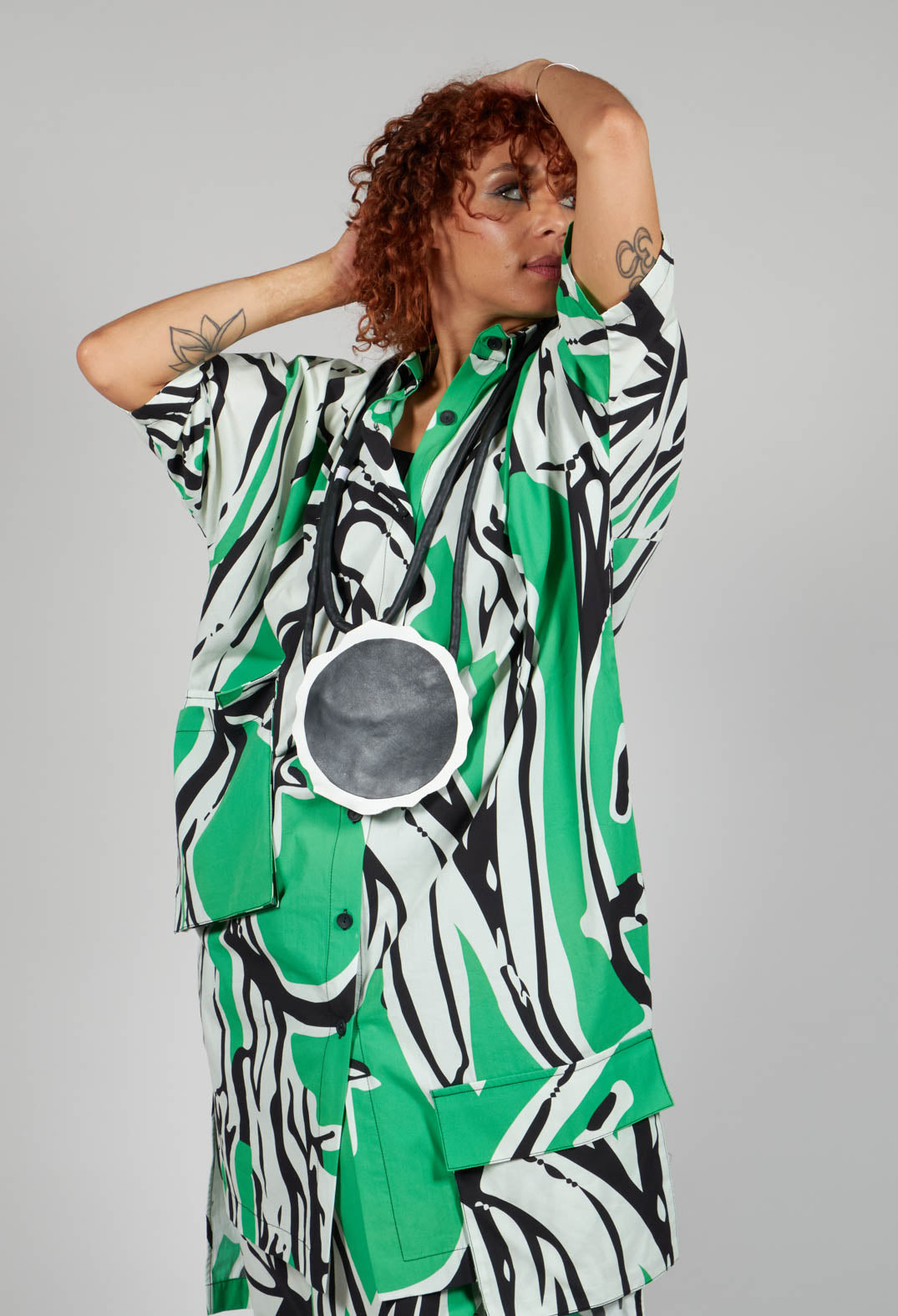 Print Patterned Shirt Dress in Original Green