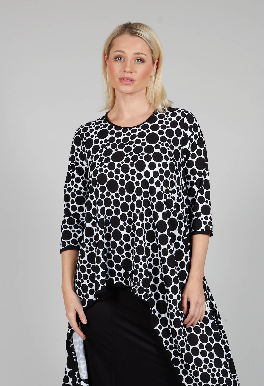 Asymmetrical Jersey Tunic Top  in White with Black Pois