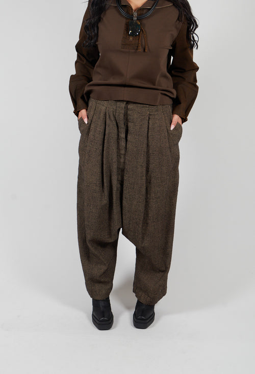 Relaxed Drop Crotch Trousers in Camel Check