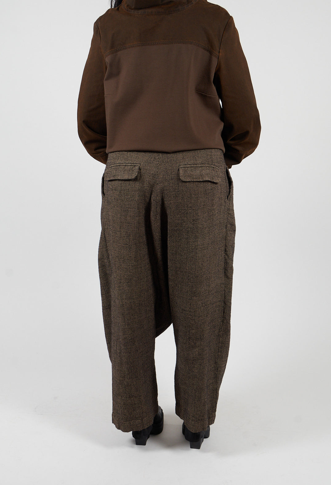 Relaxed Drop Crotch Trousers in Camel Check