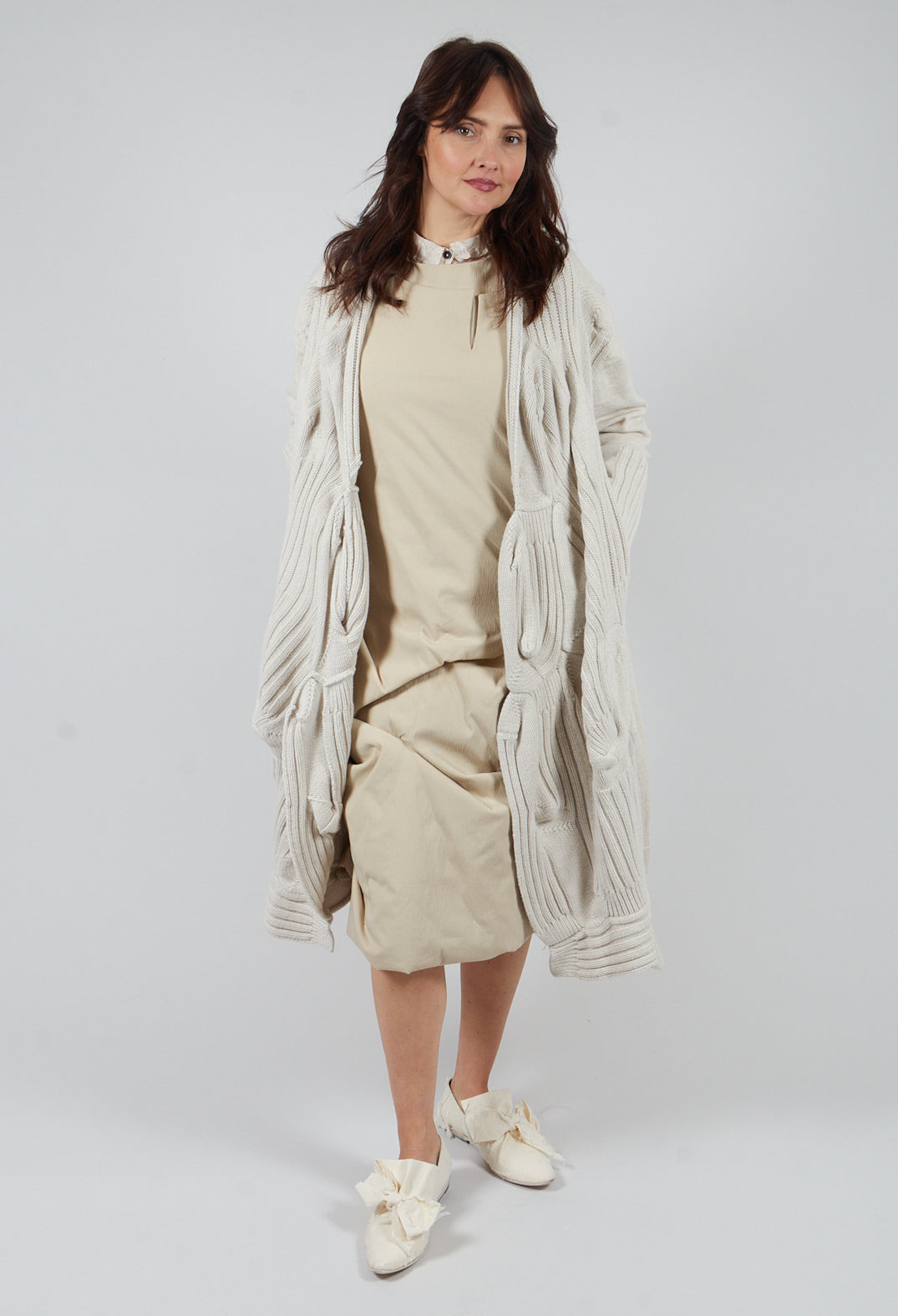 Long Ribbed Cardigan in Bone Mel