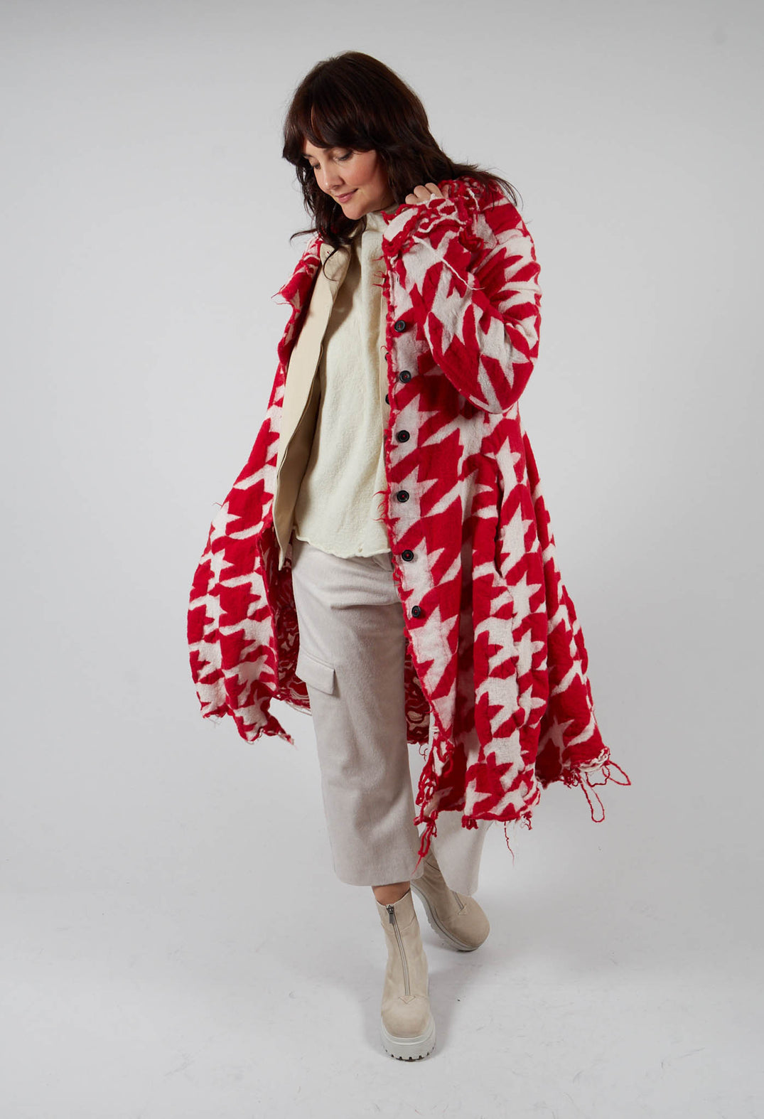 Long Dogstooth Coat in Cardinal Bone Jacquard