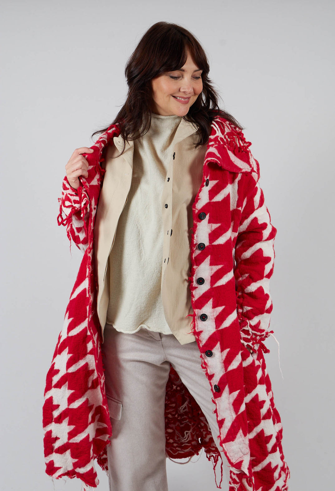 Long Dogstooth Coat in Cardinal Bone Jacquard