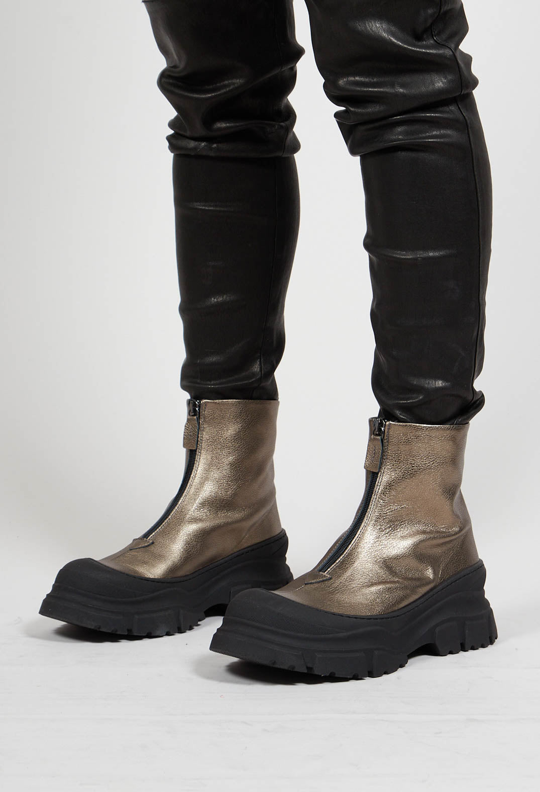 Zip Front Metallic Ankle Boots in Omega 21 Gold