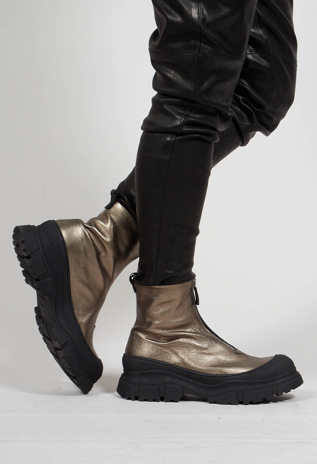 Zip Front Metallic Ankle Boots in Omega 21 Gold