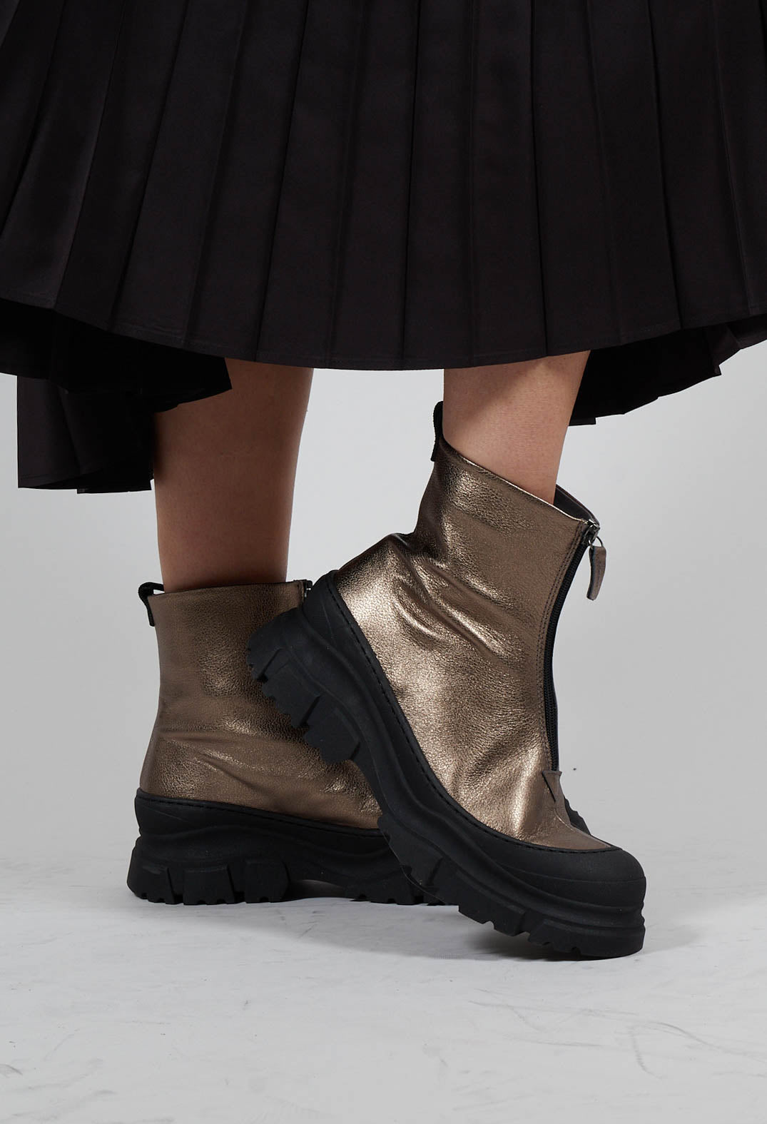 Zip Front Metallic Ankle Boots in Omega 21 Gold