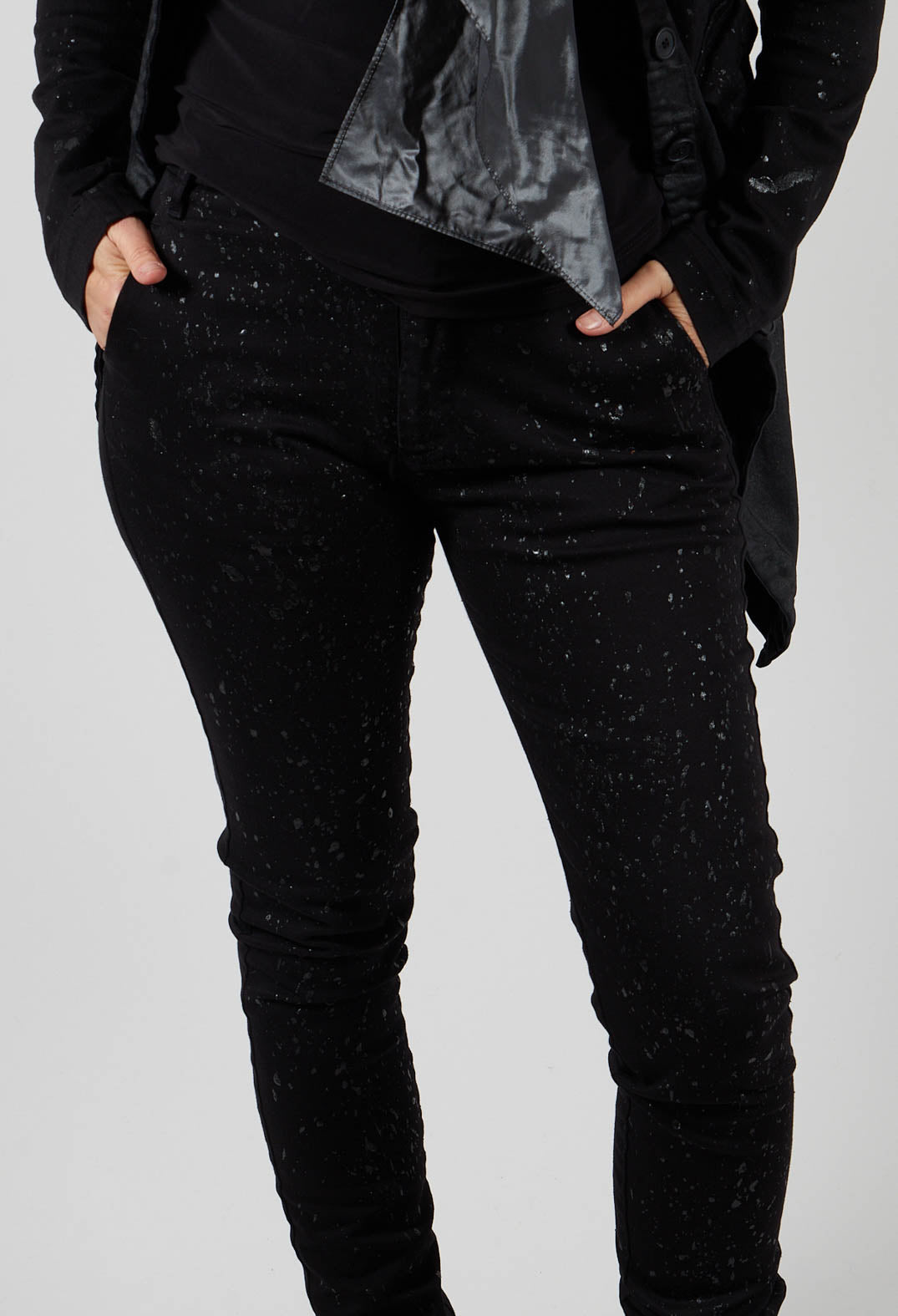 Straight Leg Stretch Denim Trousers in Black with Latex Detail Finish