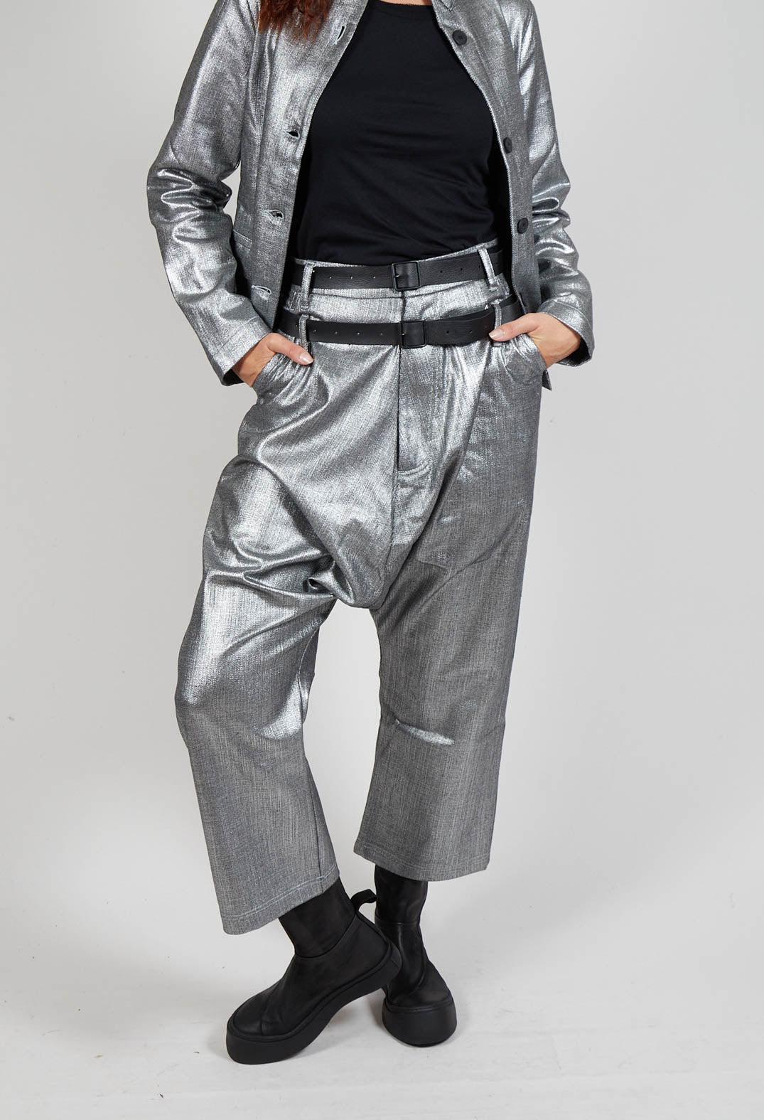 Double Belted Hang Loose Trousers in Silver Metallic