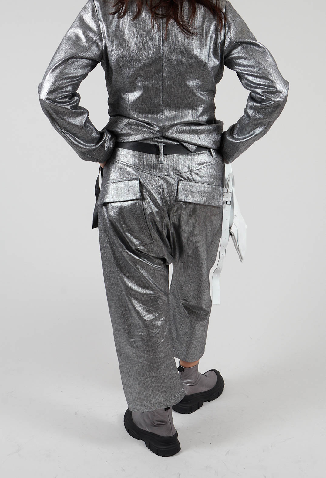 Double Belted Hang Loose Trousers in Silver Metallic