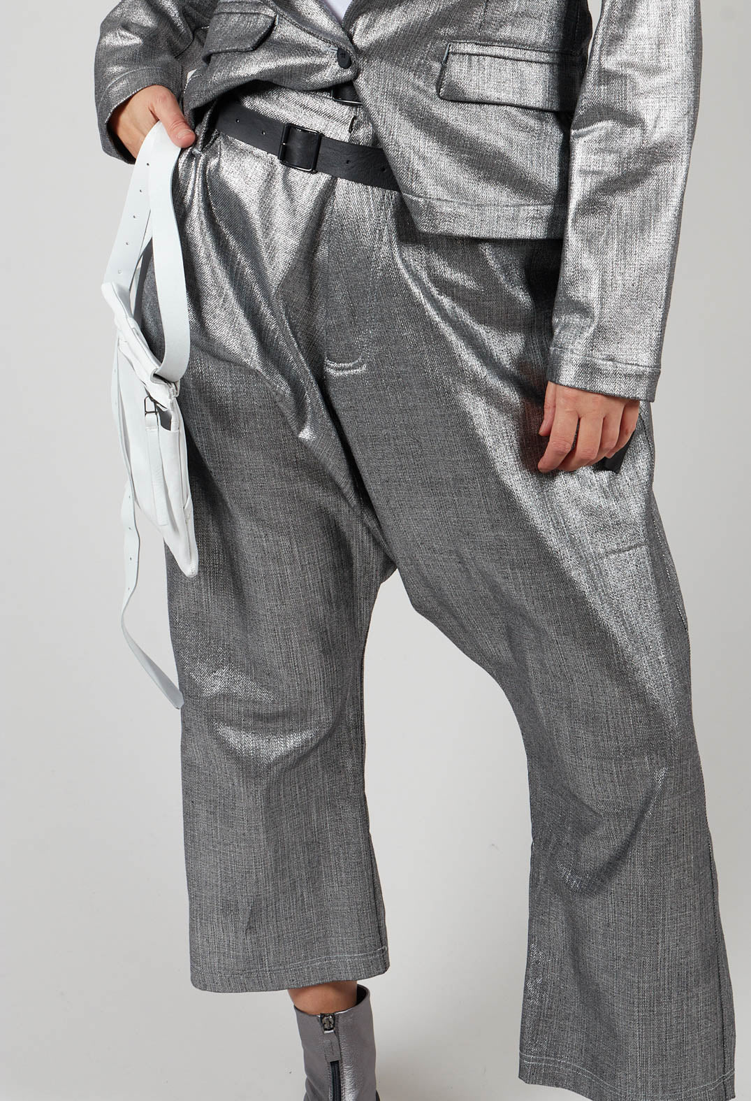 Double Belted Hang Loose Trousers in Silver Metallic