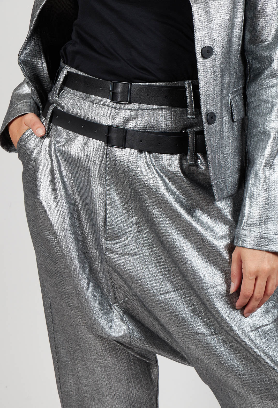 Double Belted Hang Loose Trousers in Silver Metallic