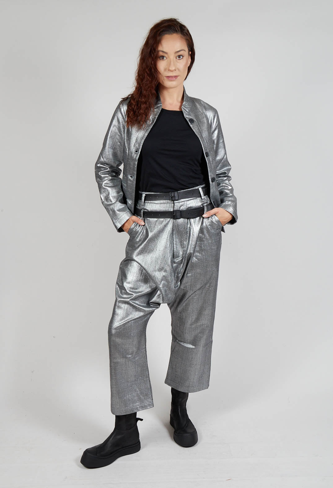 Double Belted Hang Loose Trousers in Silver Metallic