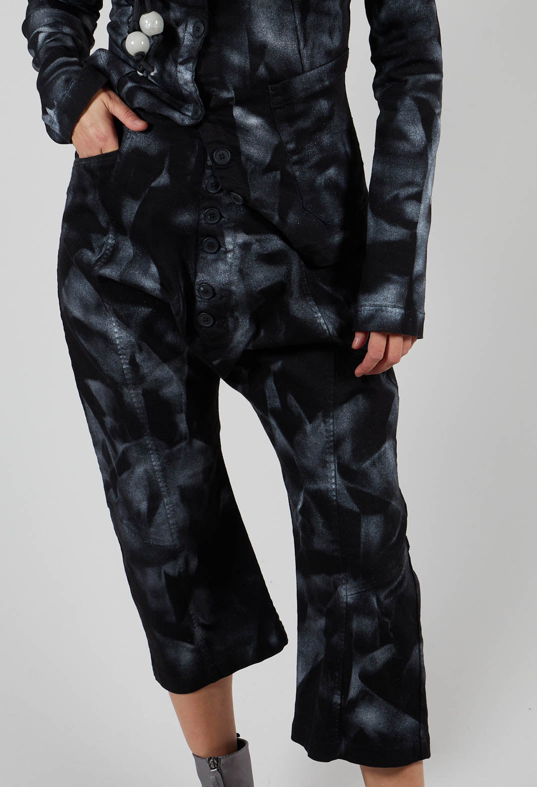 Stretch Denim Balloon Trousers in Black with Silver Finish