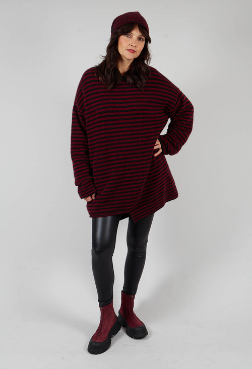 Oversized Pull Over in Striped Black and Merlot