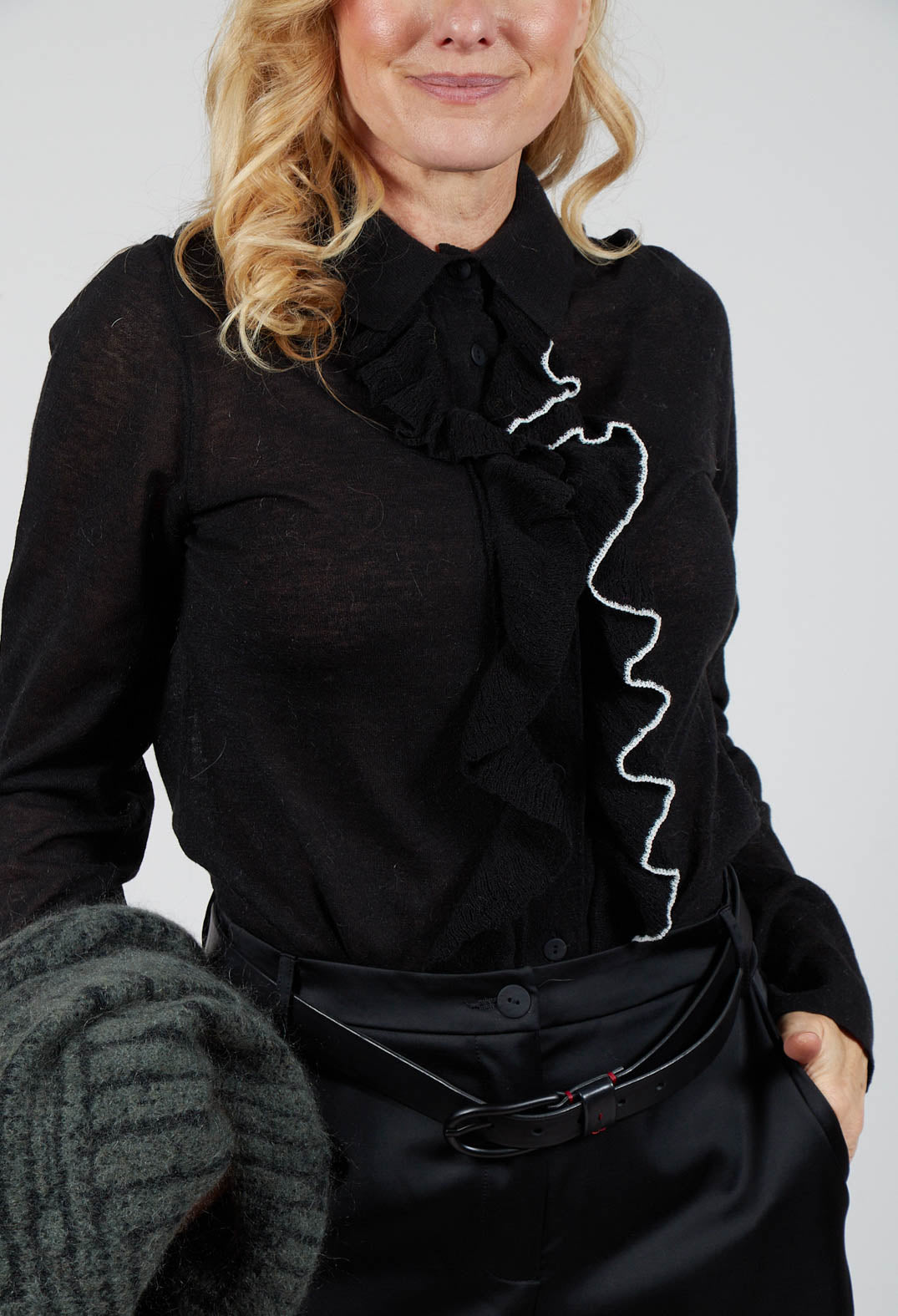 Ruffle Front Shirt in Black