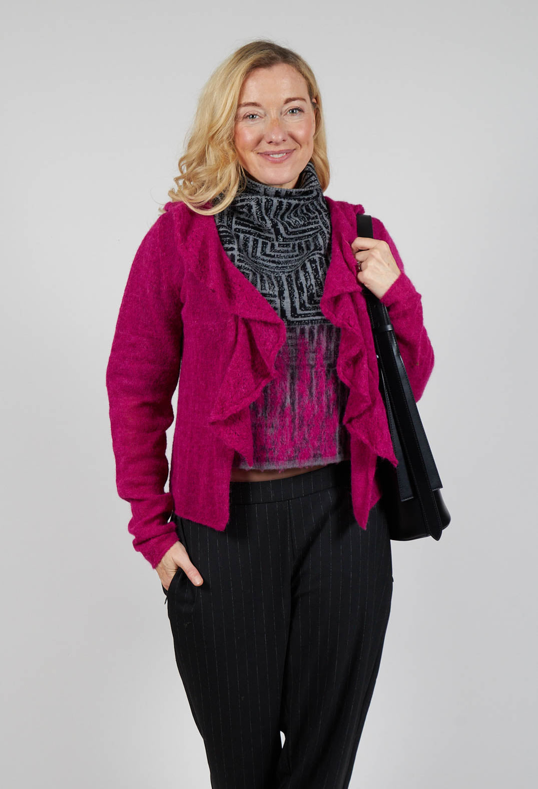 Frill Knit Cardigan in Magenta