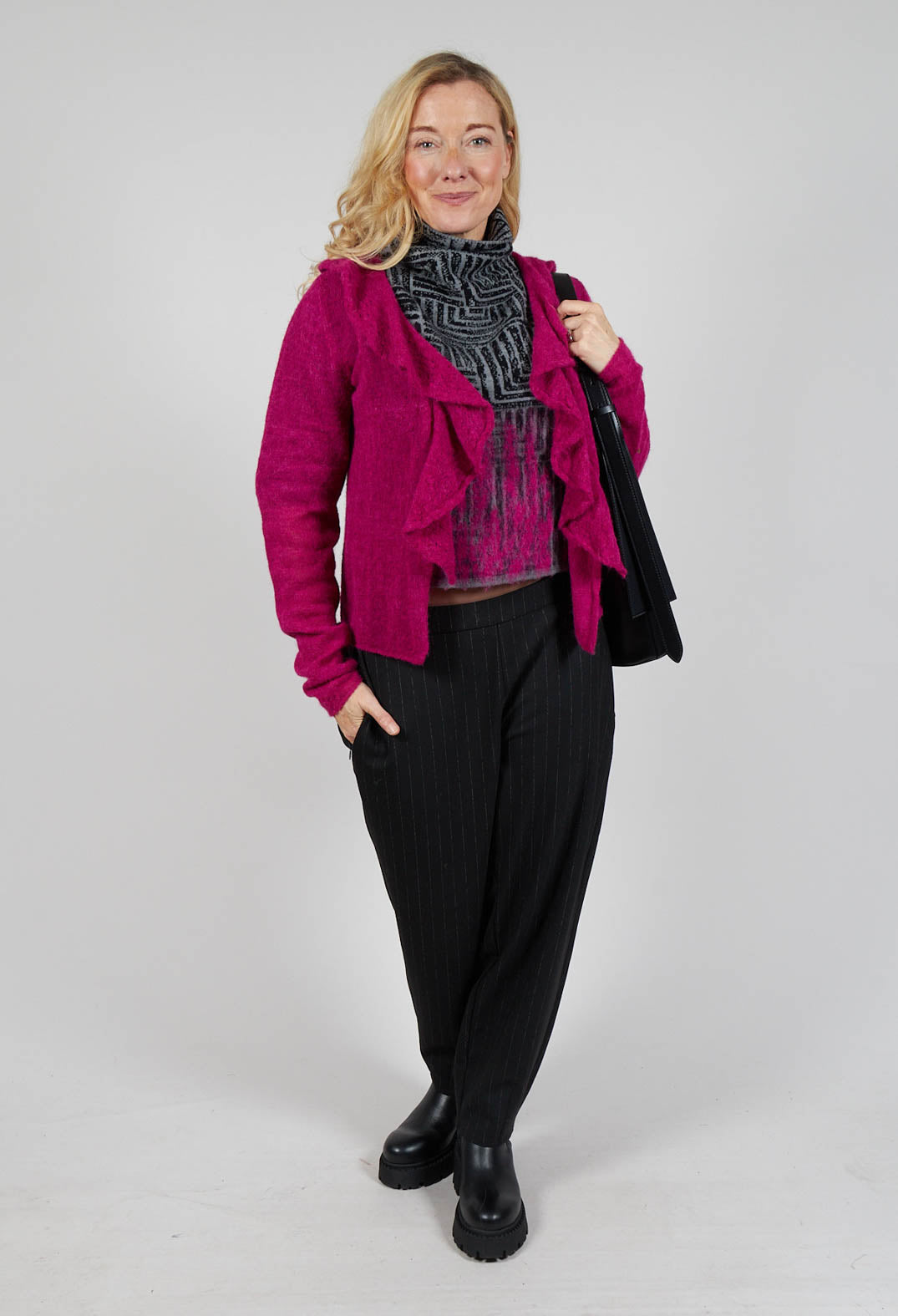 Frill Knit Cardigan in Magenta