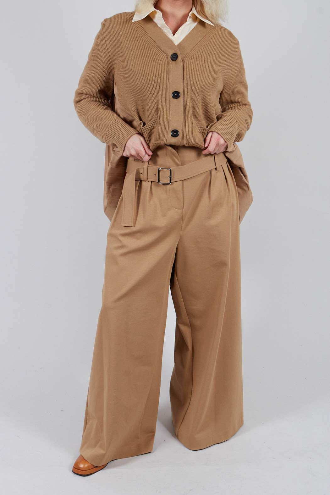 Jersey Wide Leg Trousers with Belt in Camel