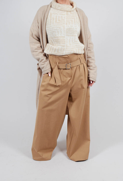 Jersey Wide Leg Trousers with Belt in Camel