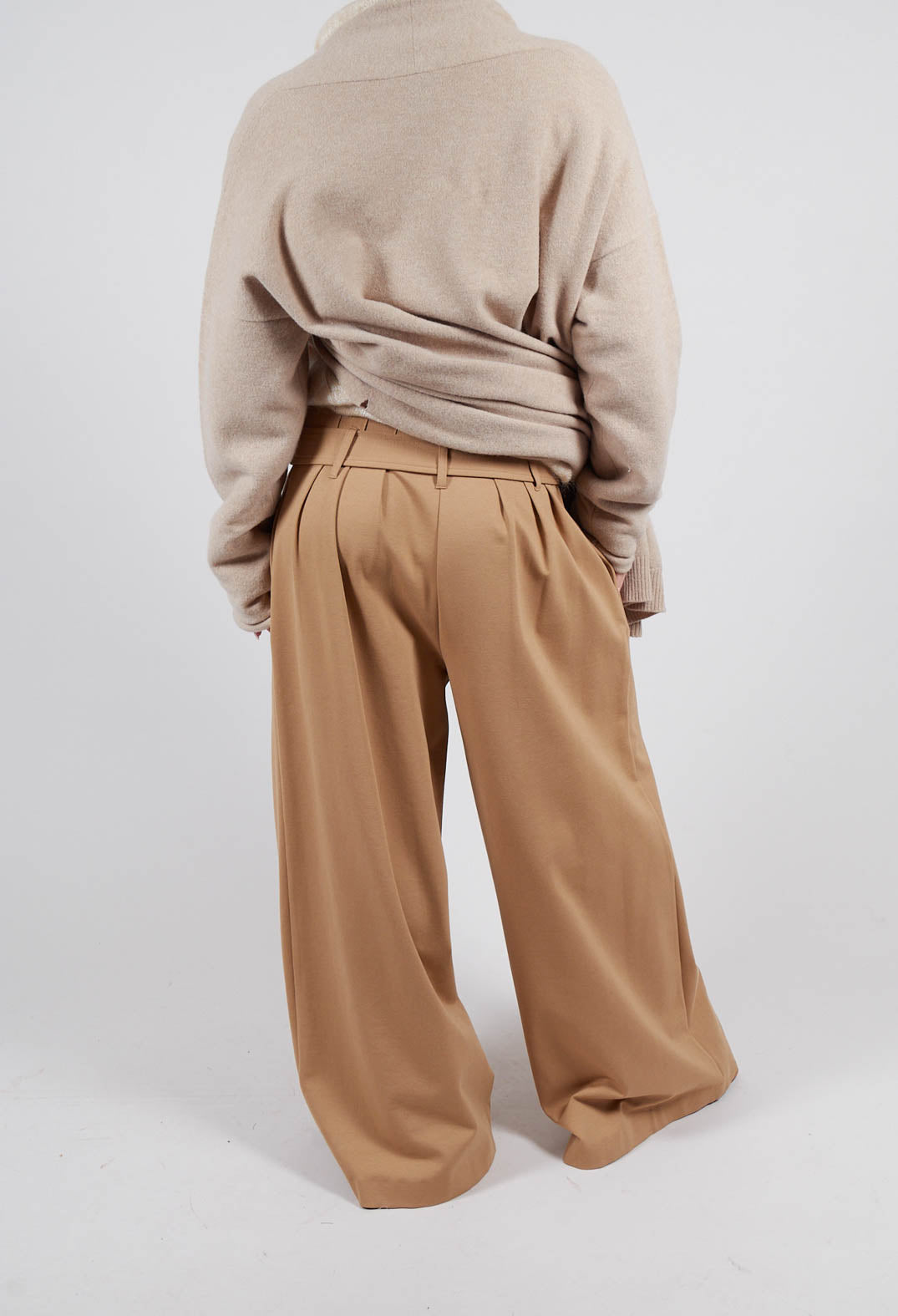 Jersey Wide Leg Trousers with Belt in Camel