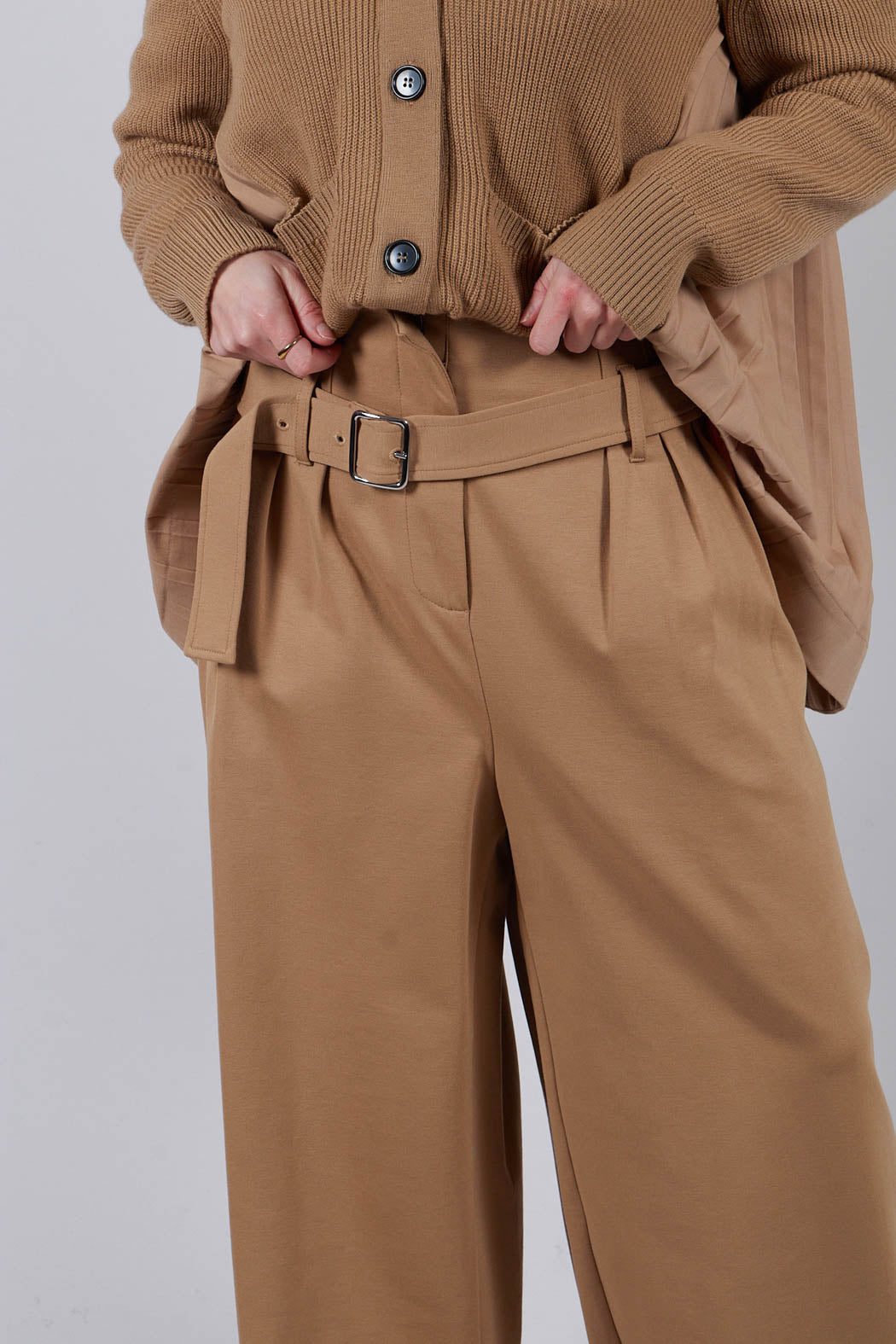 Jersey Wide Leg Trousers with Belt in Camel