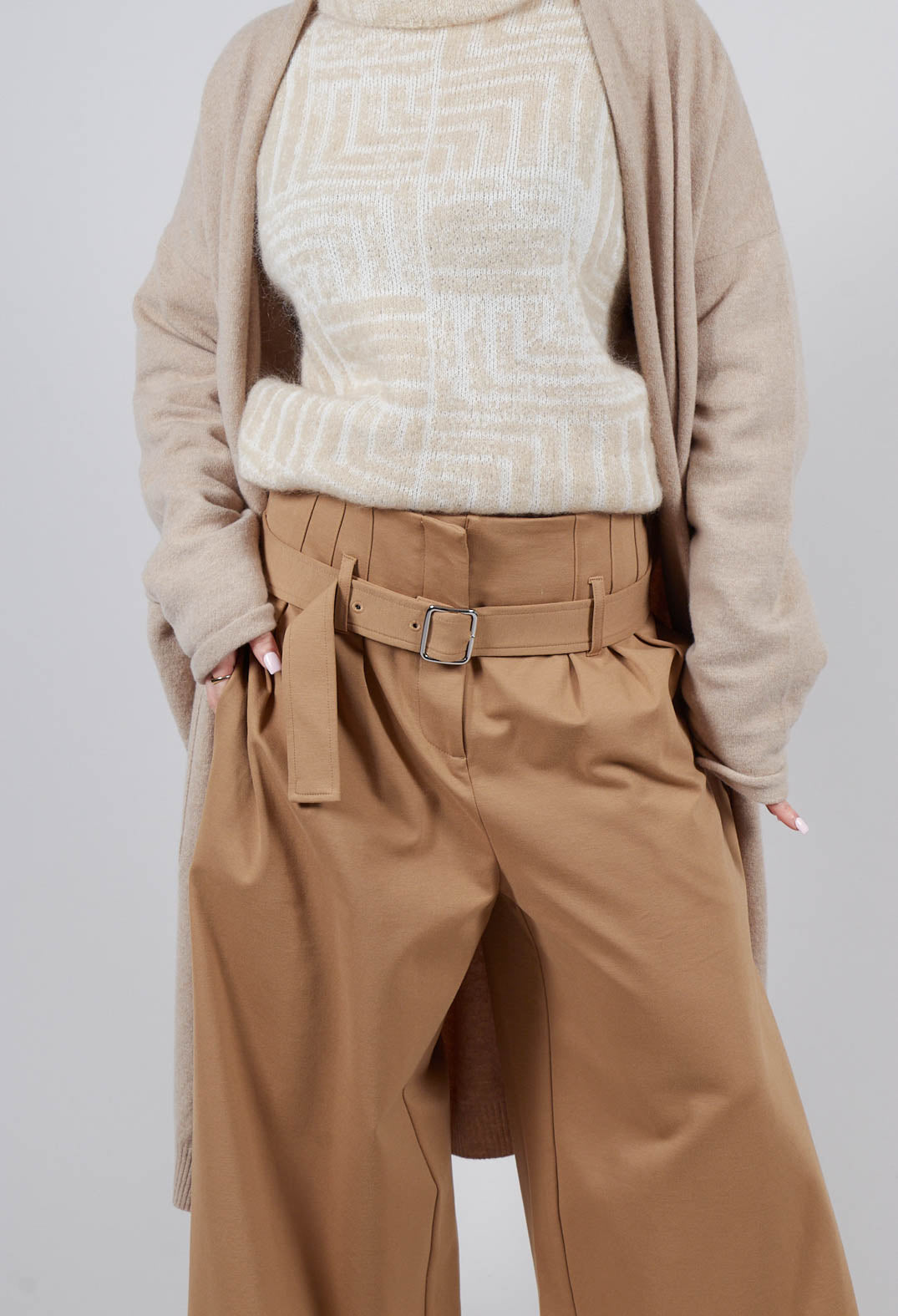 Jersey Wide Leg Trousers with Belt in Camel