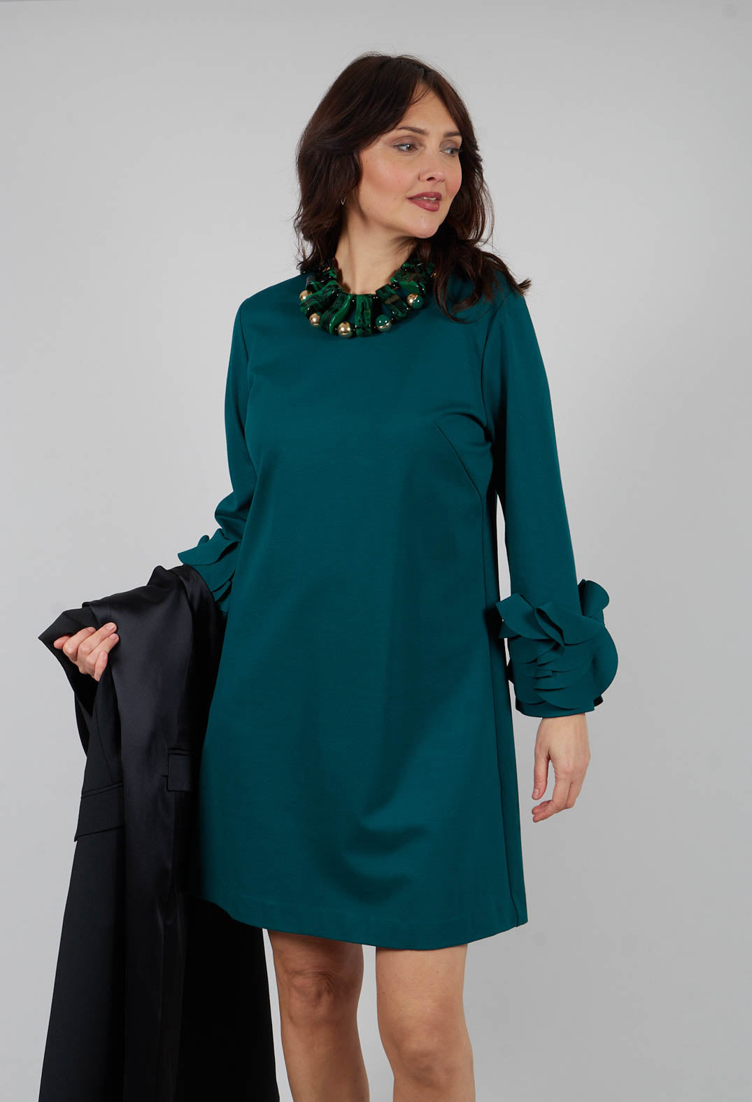 Short Shift Dress with Embellished Sleeves in Ottanio