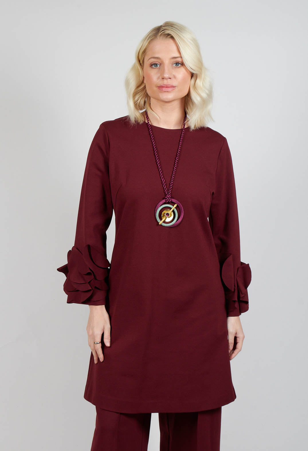 Short Shift Dress with Embellished Sleeves in Rumba