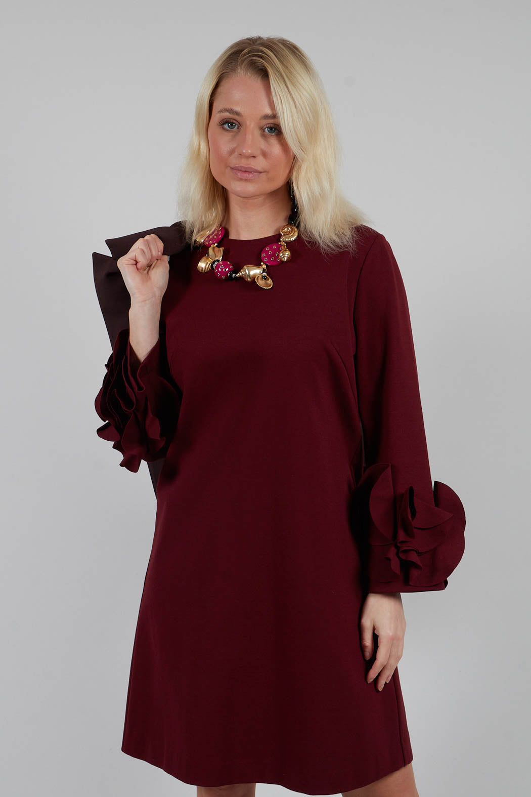 Short Shift Dress with Embellished Sleeves in Rumba