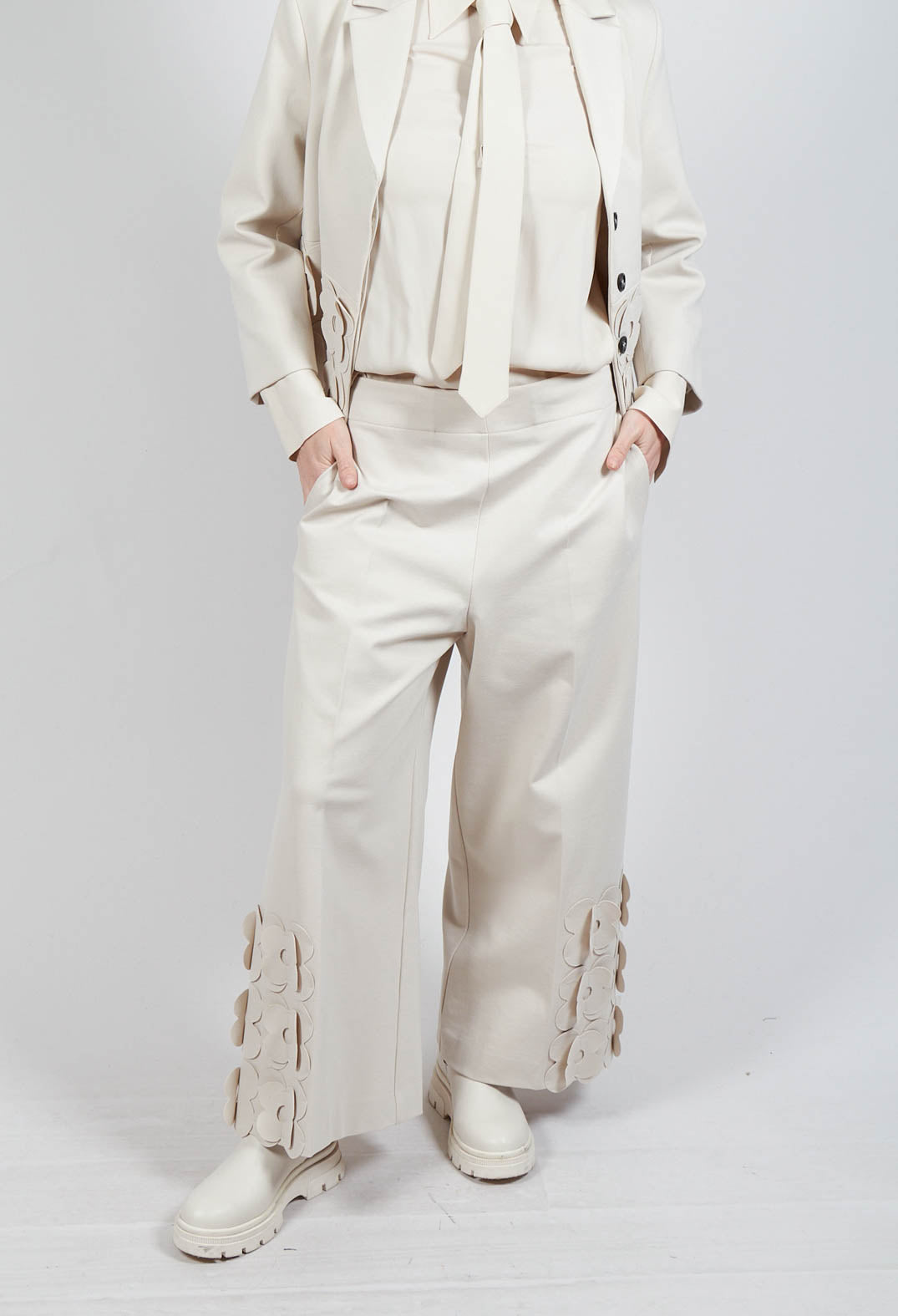 Jersey Trousers with Floral Embellishment in Sandshell