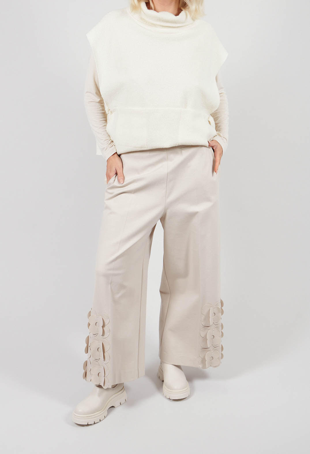 Jersey Trousers with Floral Embellishment in Sandshell