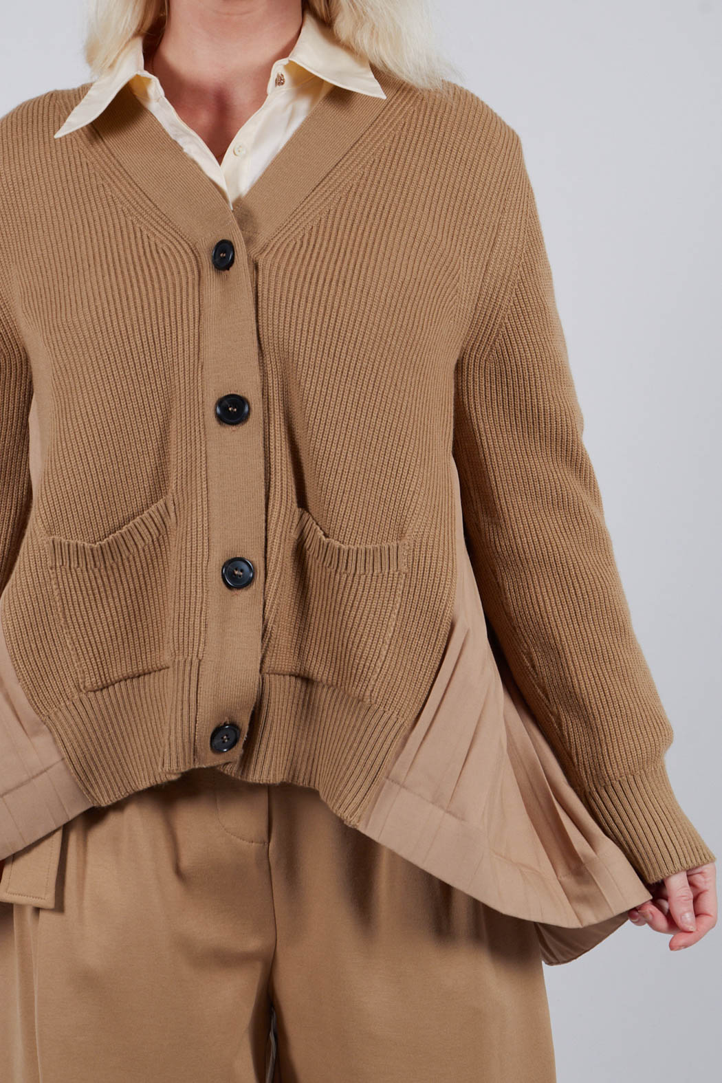 Back Pleated Cardigan in Camel