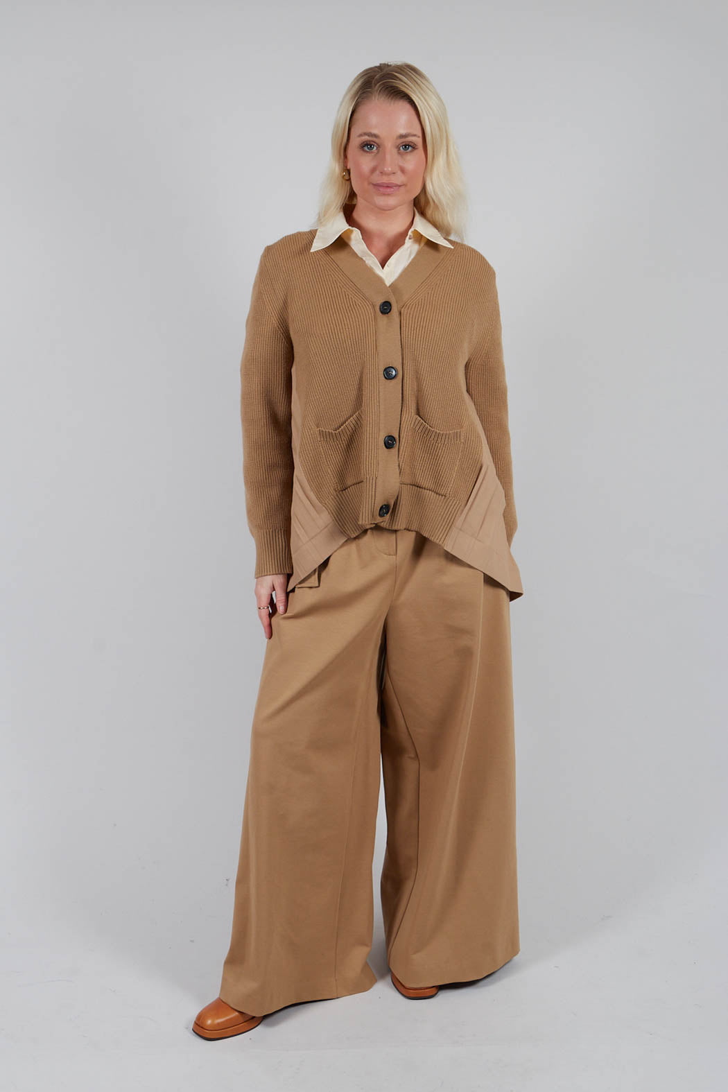 Back Pleated Cardigan in Camel